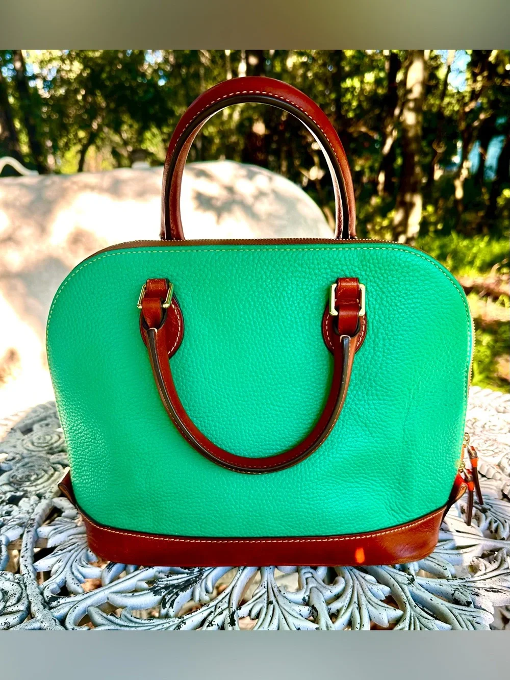 Dooney & Bourke Teal Leather Dome Satchel with Brown Trim